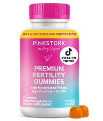 Pink Stork Premium Fertility Gummies bottle for daily hormone balance support.