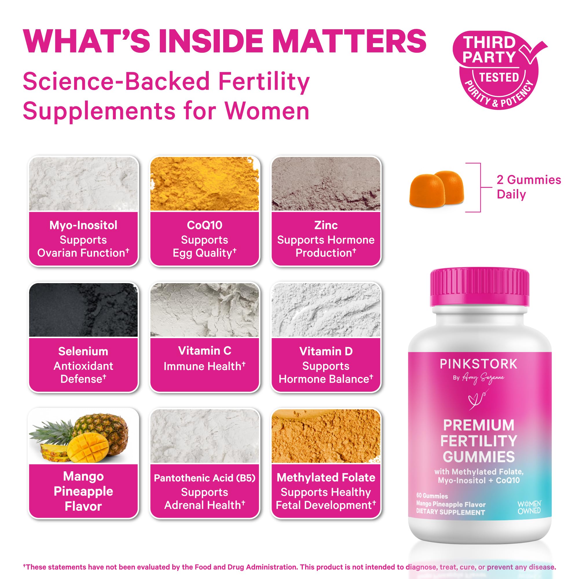 Pink Stork gummies closeup highlights mango pineapple flavor and bite-sized use.