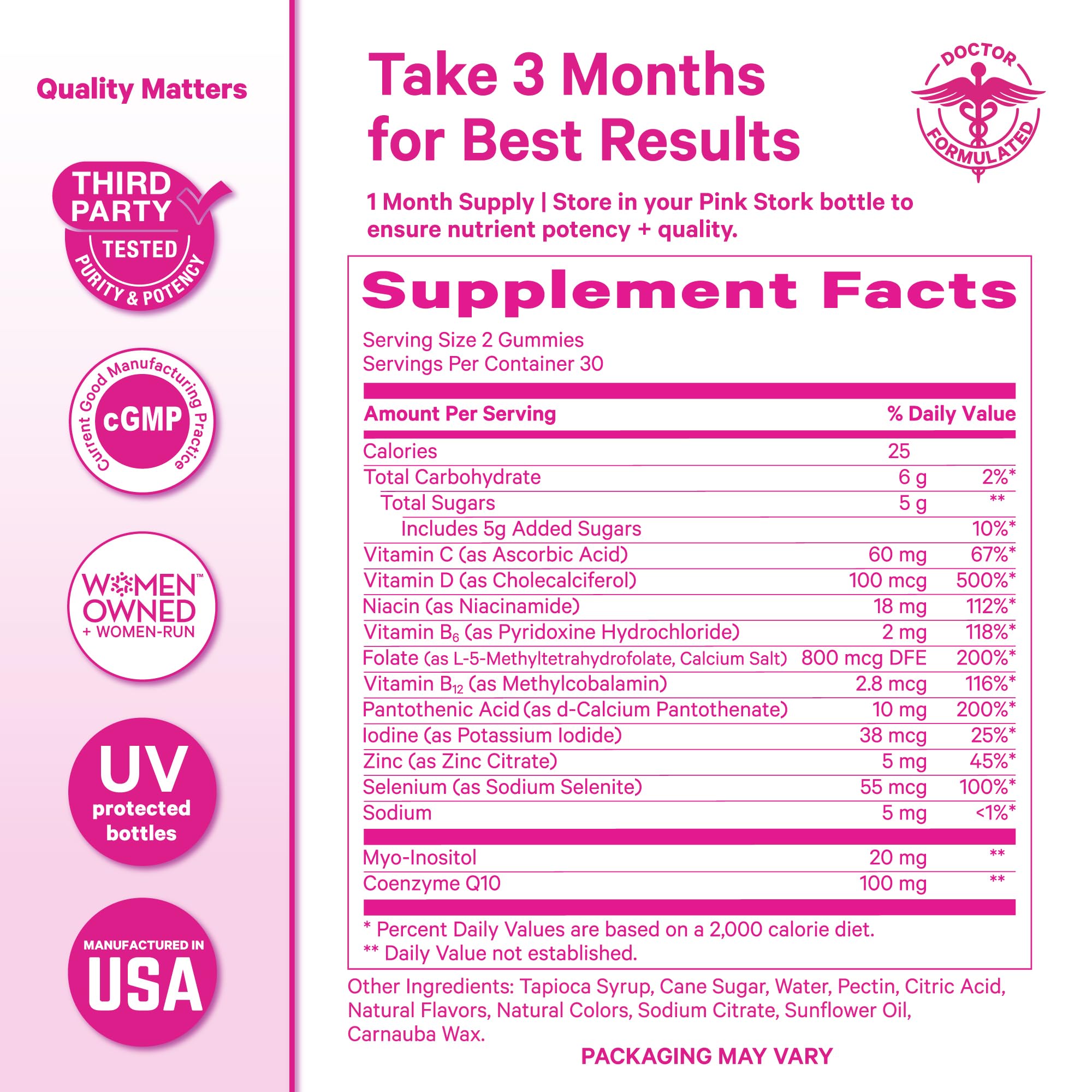 Pink Stork daily-dosing shot emphasizing convenience and vegan formula.