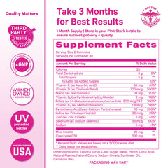 Pink Stork daily-dosing shot emphasizing convenience and vegan formula.