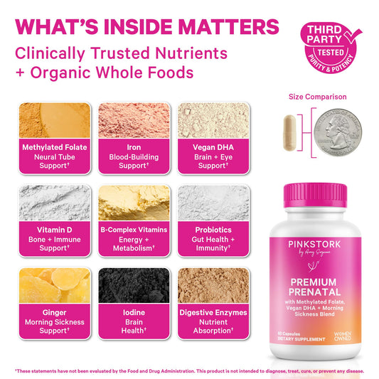 Pink Stork Premium Prenatal capsules close-up, easy-to-swallow for gentle digestion.