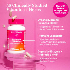 Pink Stork Premium Prenatal Capsules inside view demonstrates a simple two‑capsule daily routine