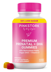 Pink Stork Premium Prenatal Gummies bottle for easy daily intake.