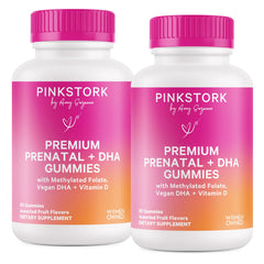 Pink Stork Premium Prenatal Gummies bottle offering easy daily prenatal support.