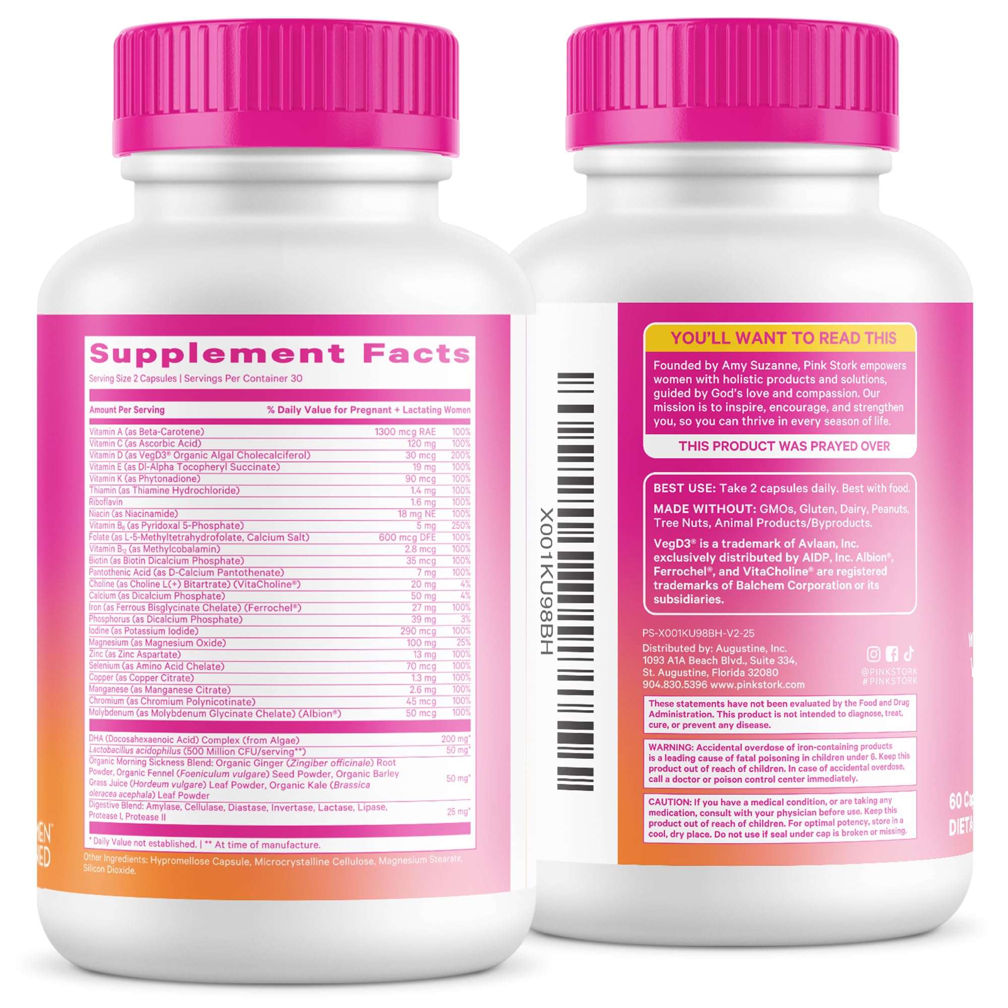 Pink Stork Premium Prenatal label close-up highlighting vegan and third-party tested.