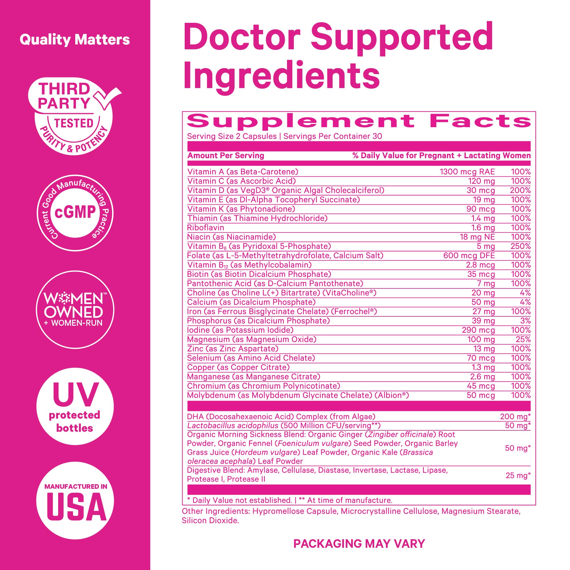Pink Stork Premium Prenatal label detail highlights folate and iron