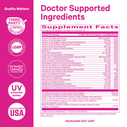 Pink Stork Premium Prenatal label detail highlights folate and iron