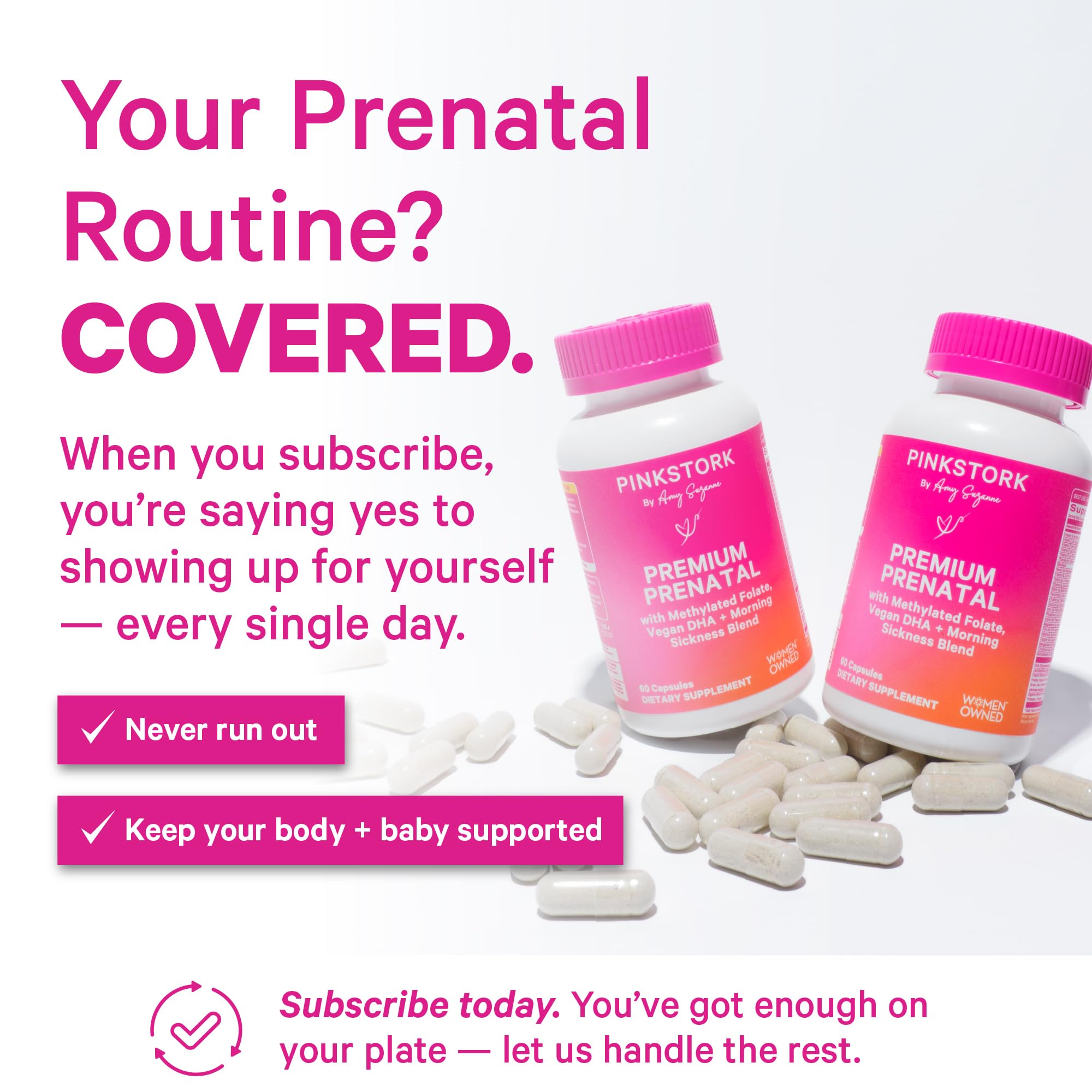 Pink Stork Premium Prenatal methylated folate label focus for neural support.