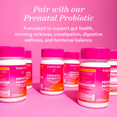 Pink Stork Premium Prenatal Organic Greens blend icon suggests real food nutrients