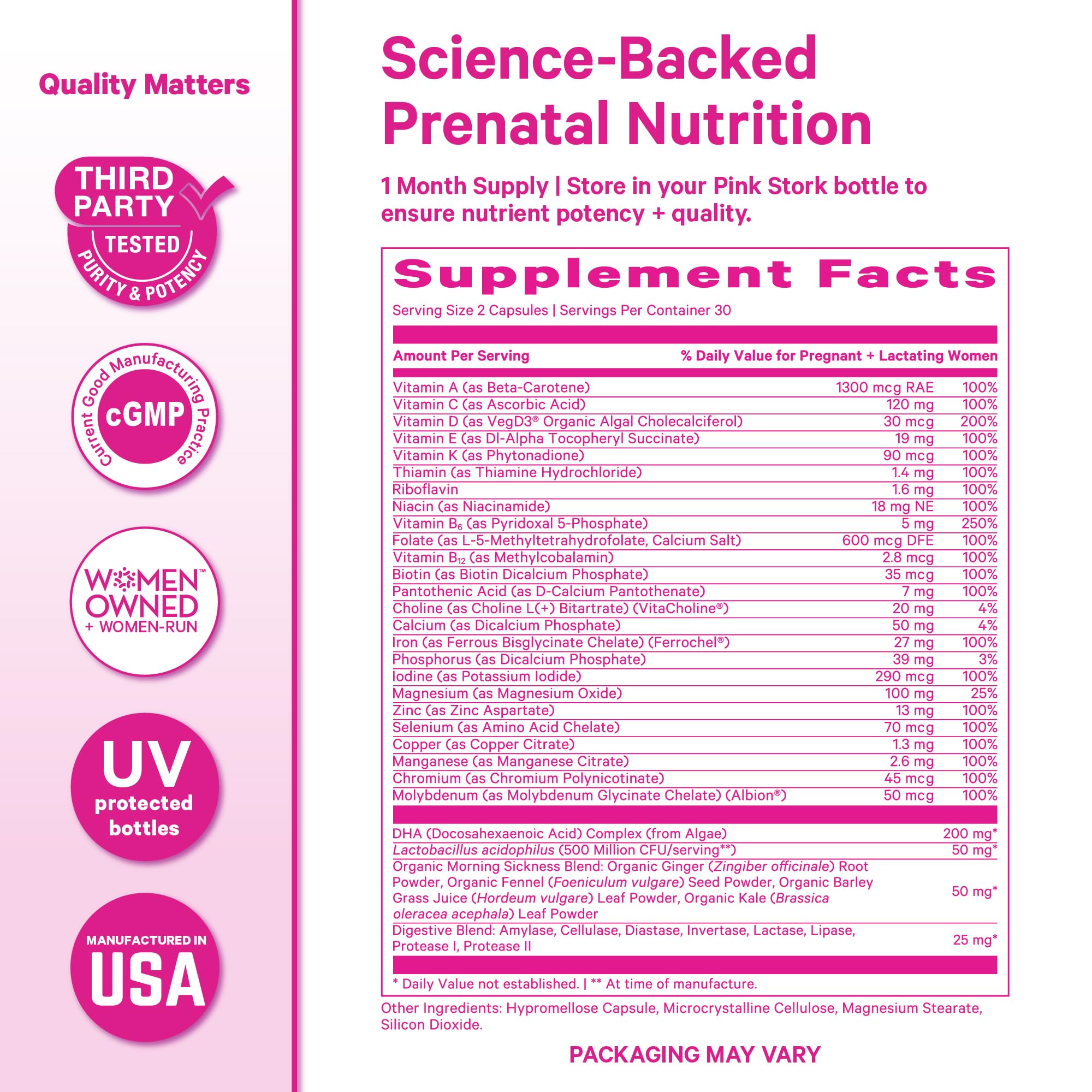 Pink Stork Premium Prenatal probiotic blend showing gut health support.