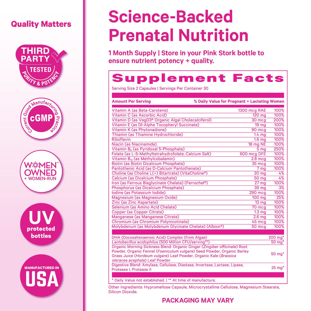 Pink Stork Premium Prenatal probiotic blend showing gut health support.