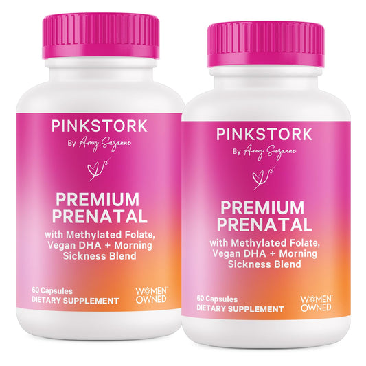Pink Stork Premium Prenatal Vitamin bottle front shows complete nutrient support for pregnancy