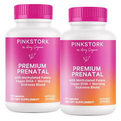 Pink Stork Premium Prenatal Vitamin bottle front shows complete nutrient support for pregnancy