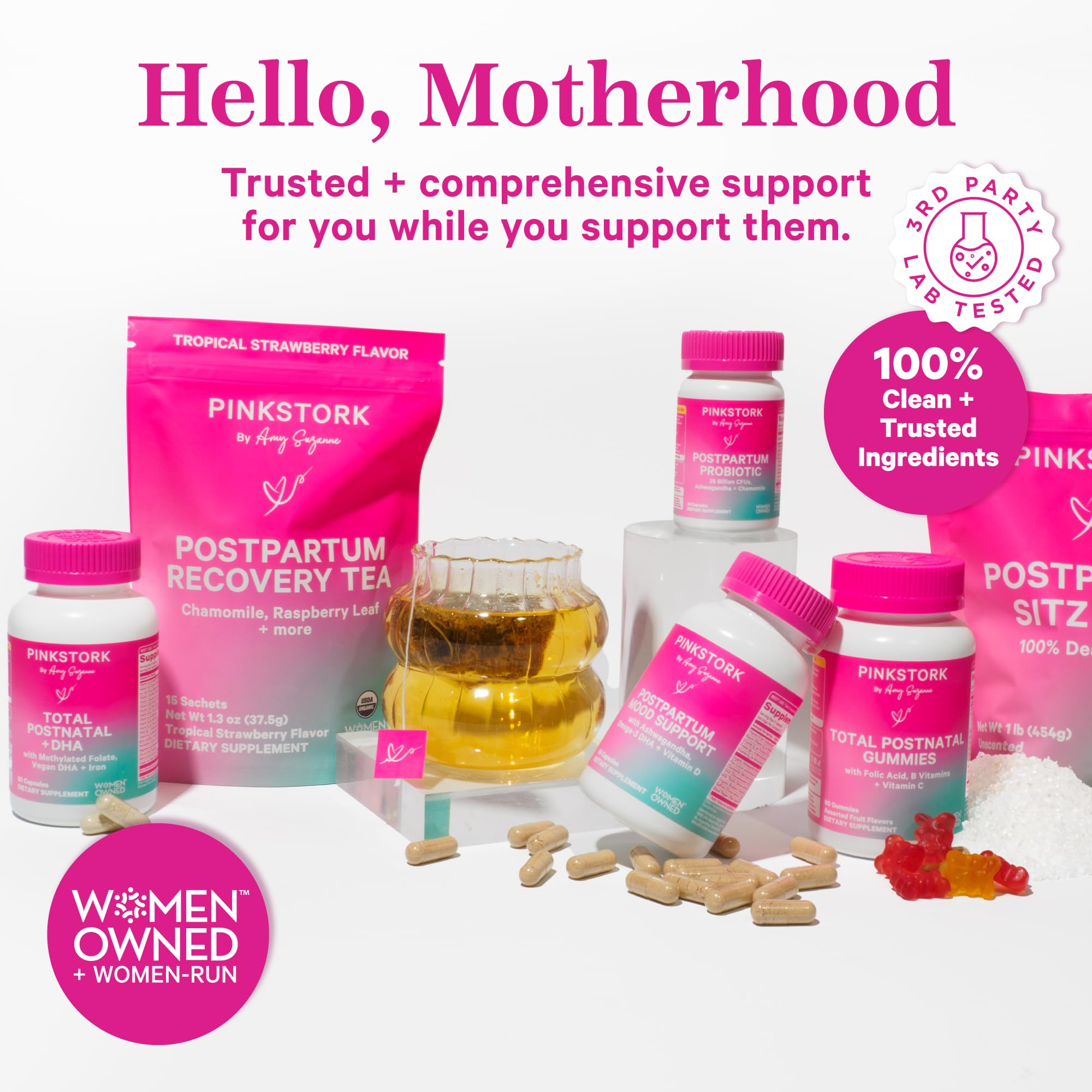 Pink Stork Premium Prenatal portrait reinforces women‑owned brand trust