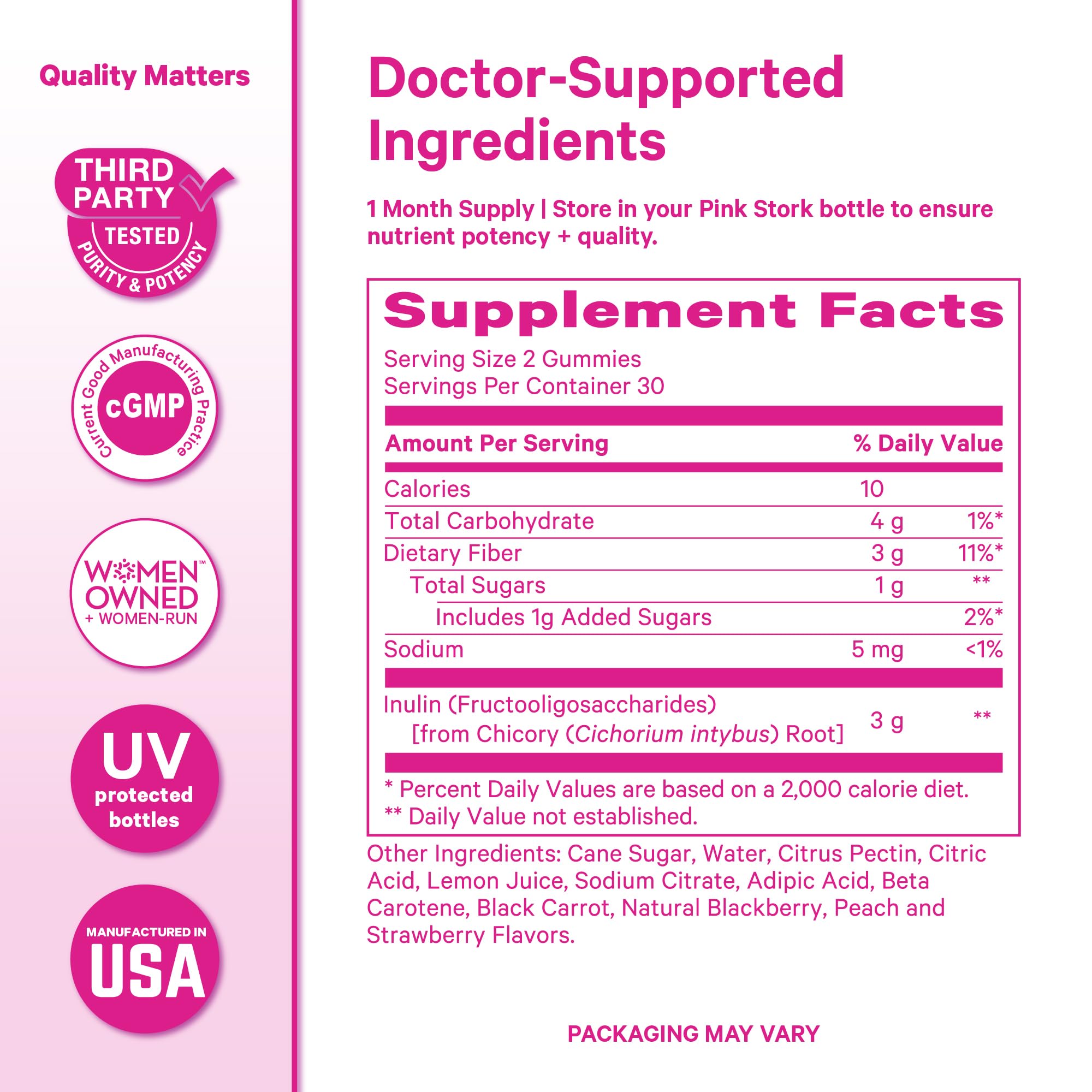 Product packaging of Pink Stork Prenatal Fiber Gummies showing 60 vegan chews.