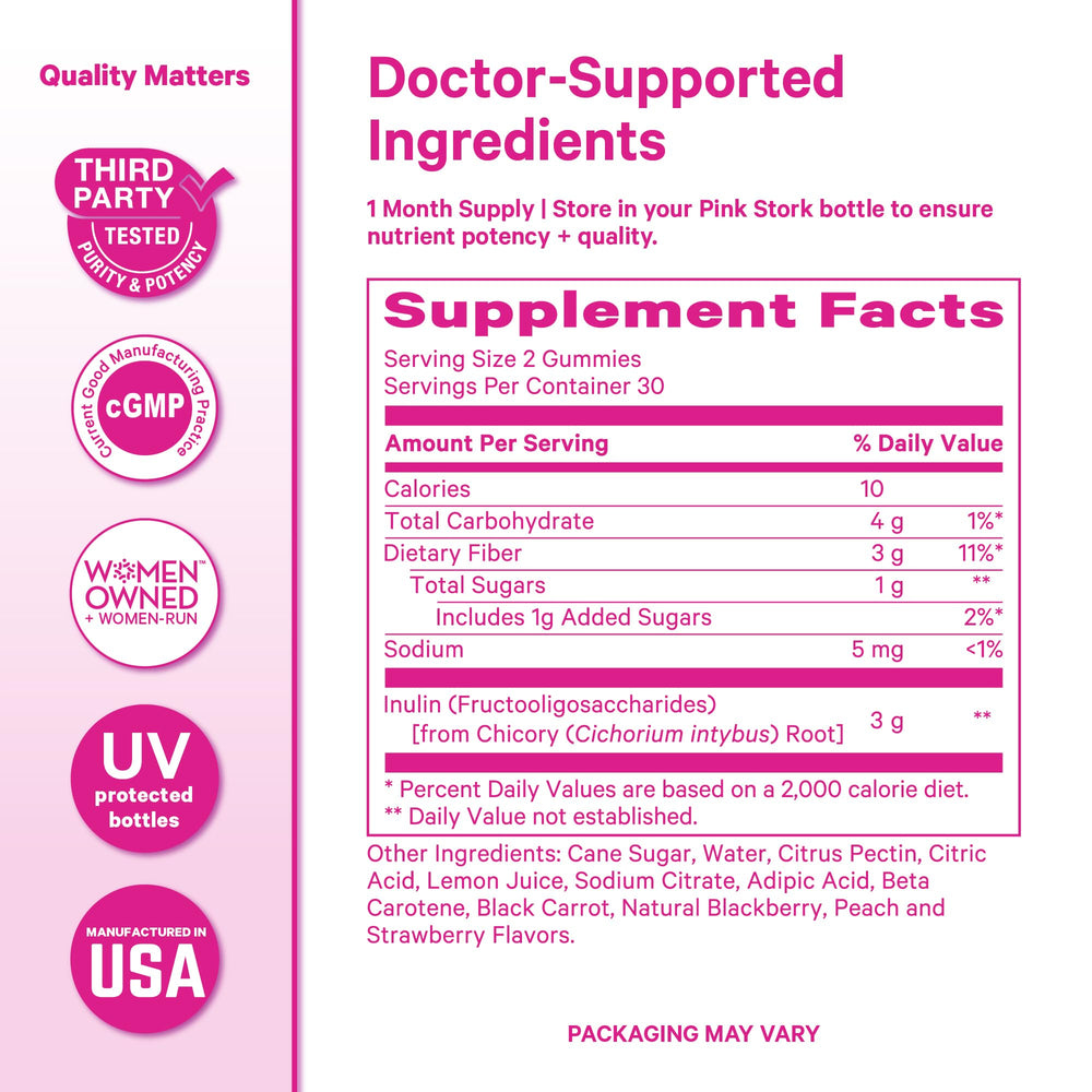 Product packaging of Pink Stork Prenatal Fiber Gummies showing 60 vegan chews.