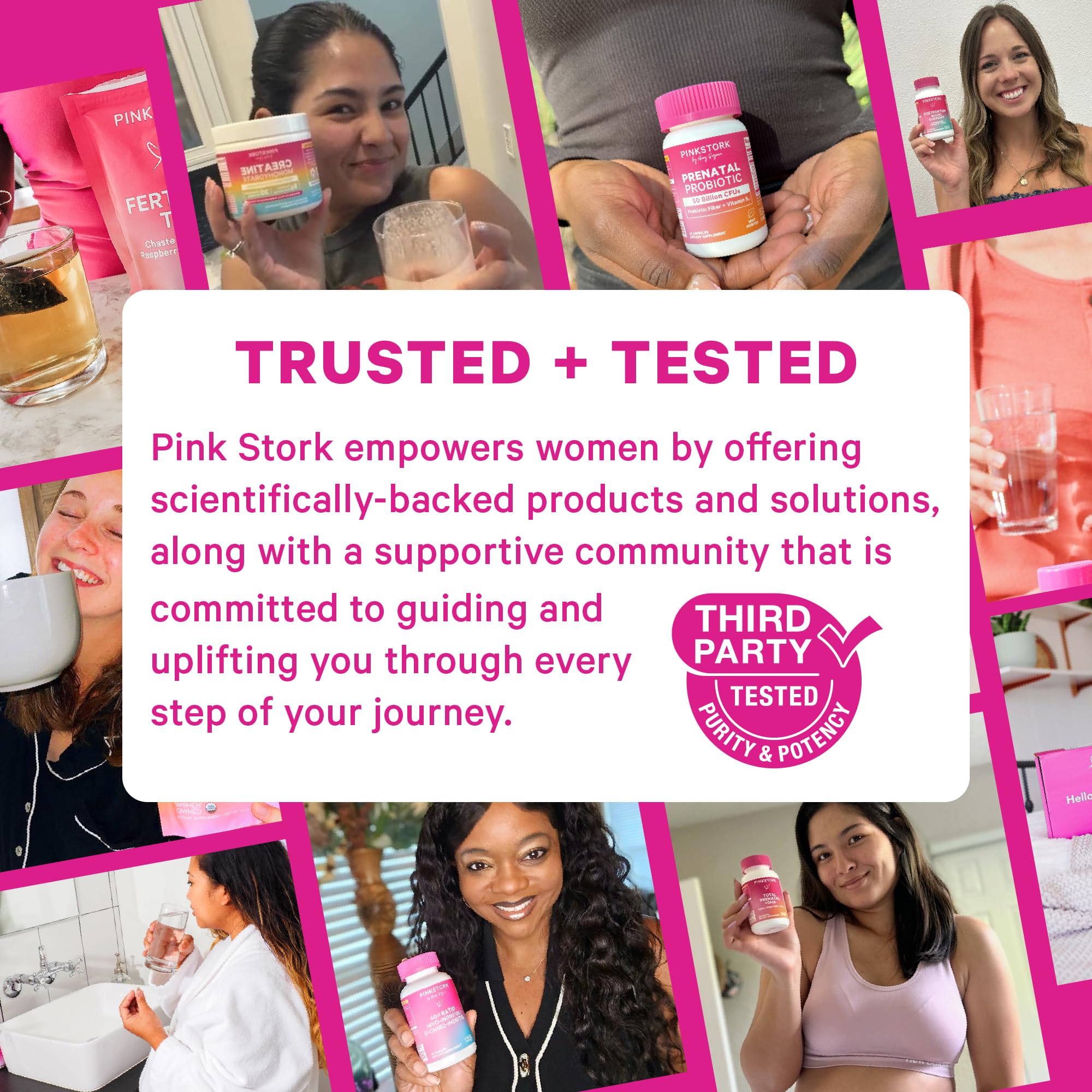 A glass of water accompanies Pink Stork gummies for best daily intake.