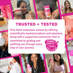 A glass of water accompanies Pink Stork gummies for best daily intake.