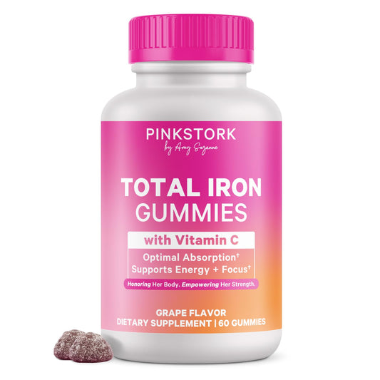 Pink Stork Prenatal Iron Gummies bottle view for convenient pregnancy support.