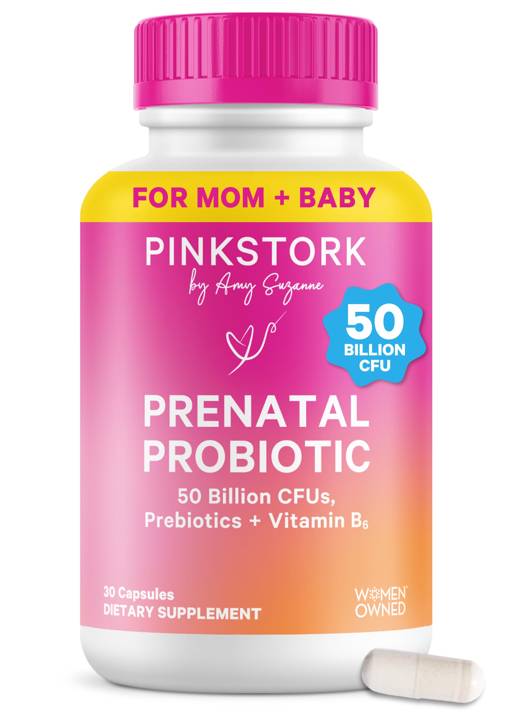 Pink Stork Prenatal Probiotic bottle front with label; supports gut balance during pregnancy.