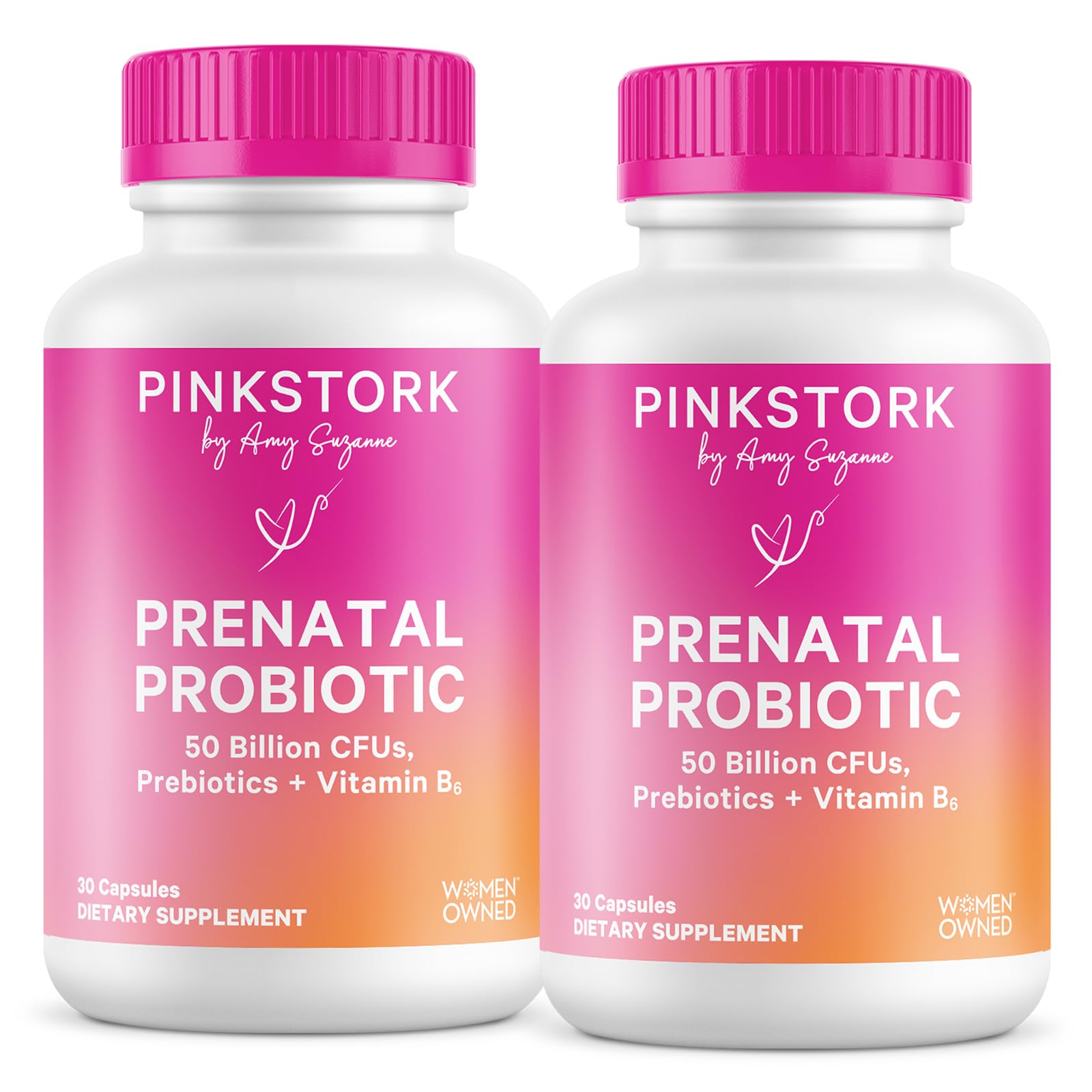 Pink Stork Prenatal Probiotic bottle shows seven strains for digestive support.