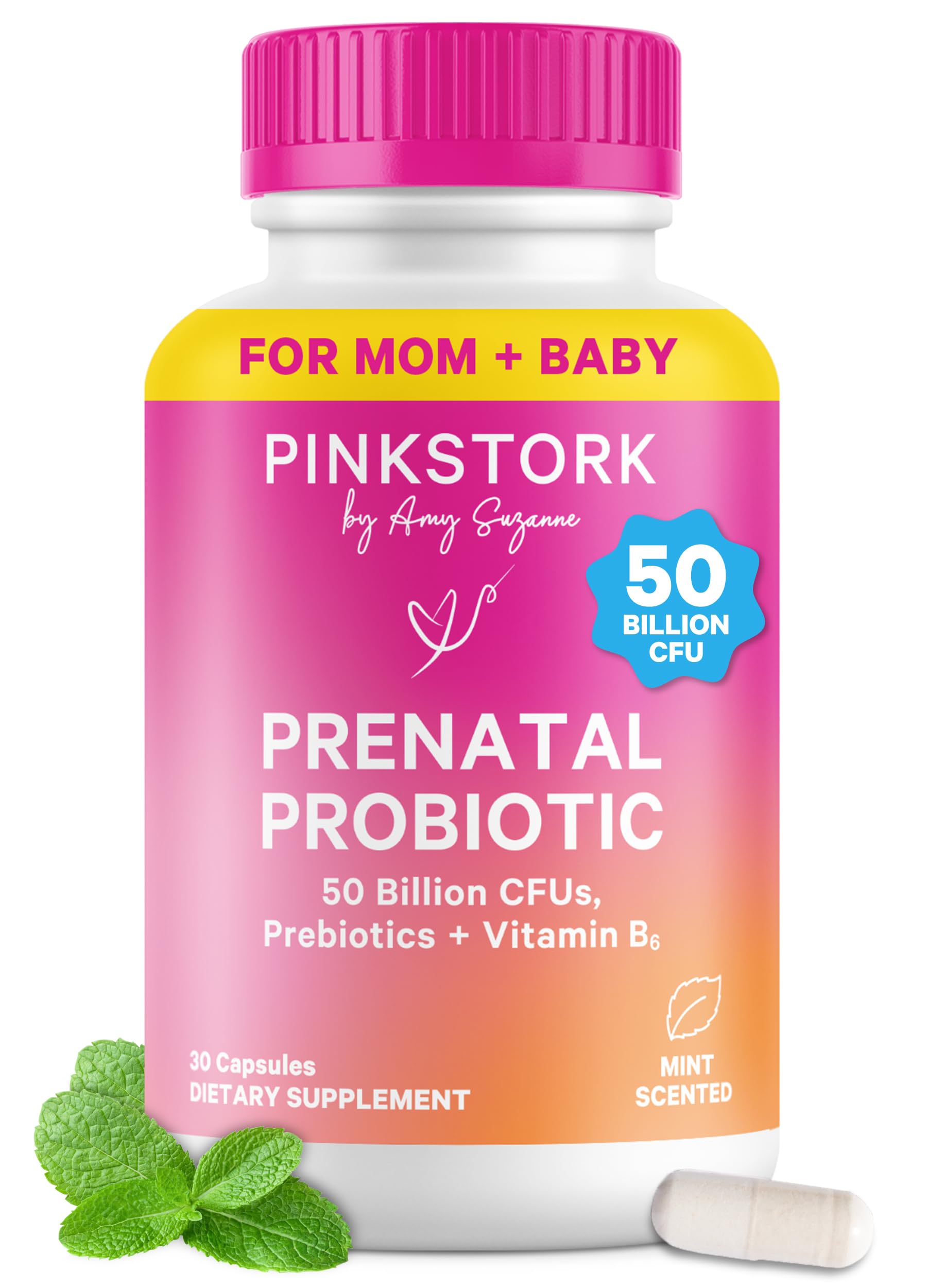 Pink Stork Prenatal Probiotic bottle ready for daily pregnancy support.