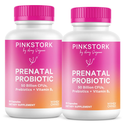 Pink Stork Prenatal Probiotic bottle shows seven strains for digestive support.