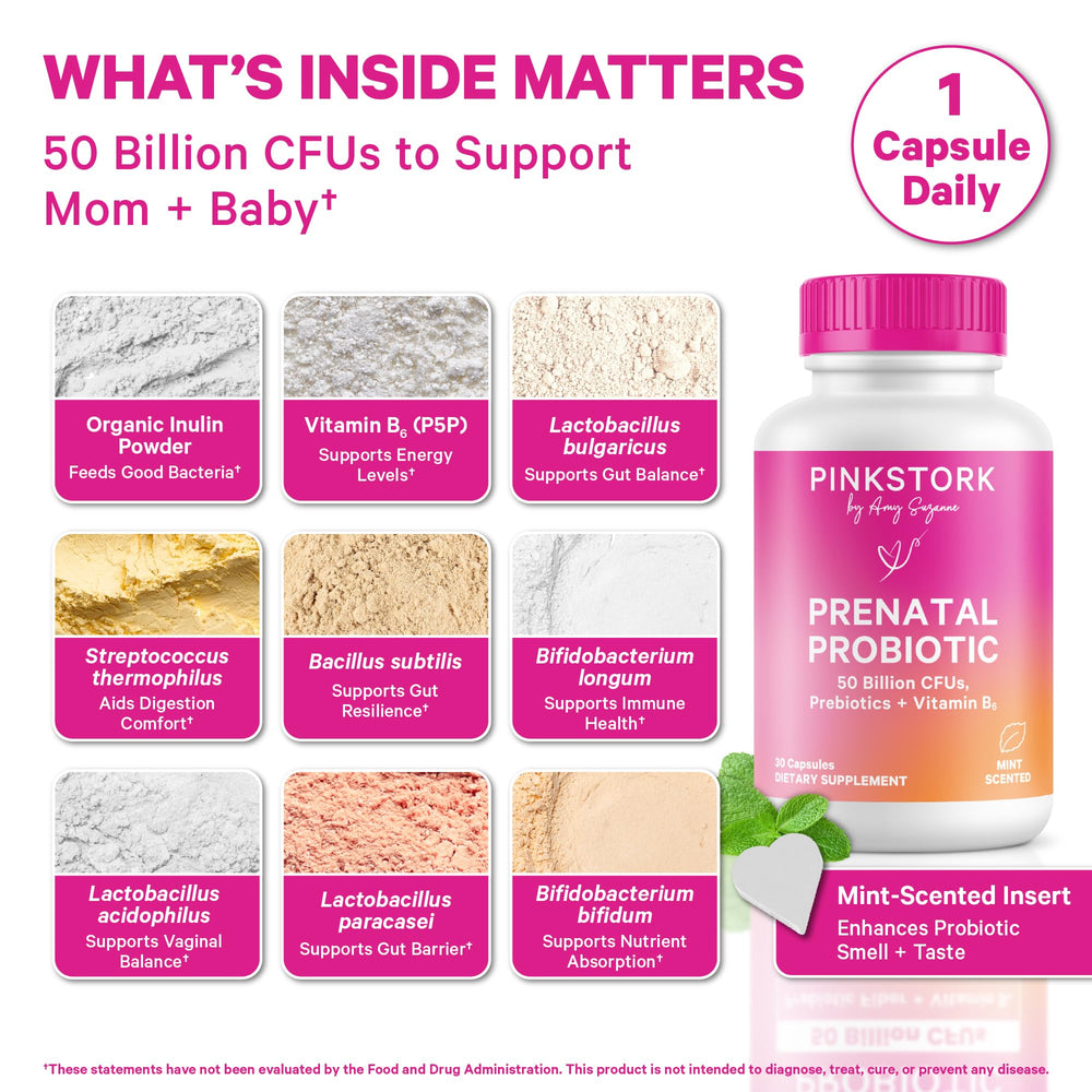Pink Stork Prenatal Probiotic capsules pictured for easy daily use.