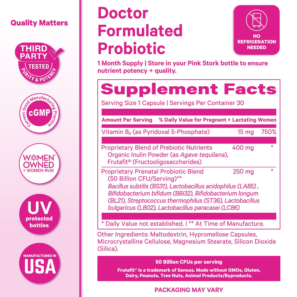 Pink Stork Prenatal Probiotic promotes digestive comfort across pregnancy.