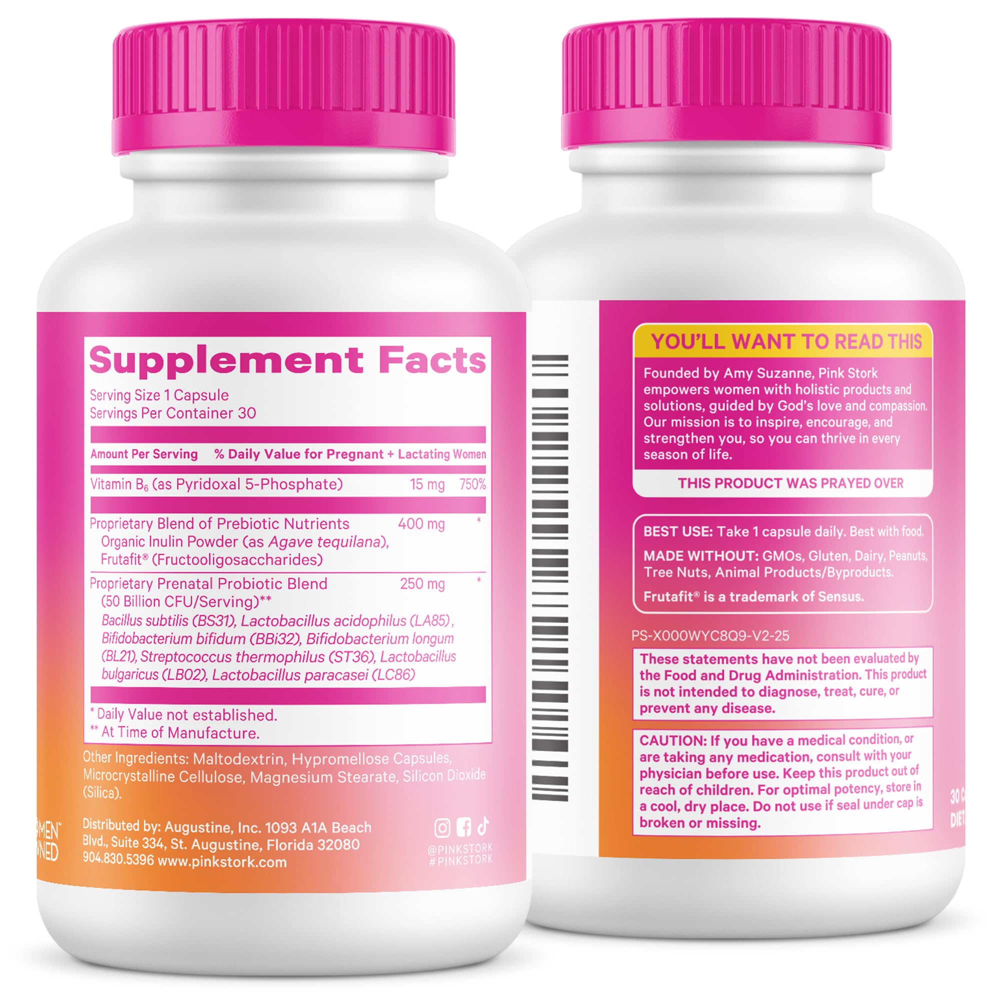 Pink Stork Prenatal Probiotic packaging emphasizes clean, allergen-free formula.