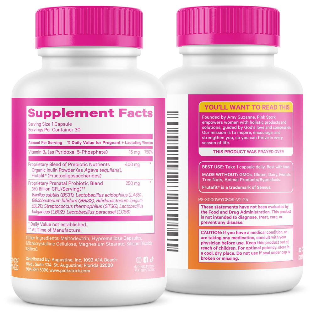 Pink Stork Prenatal Probiotic packaging emphasizes clean, allergen-free formula.