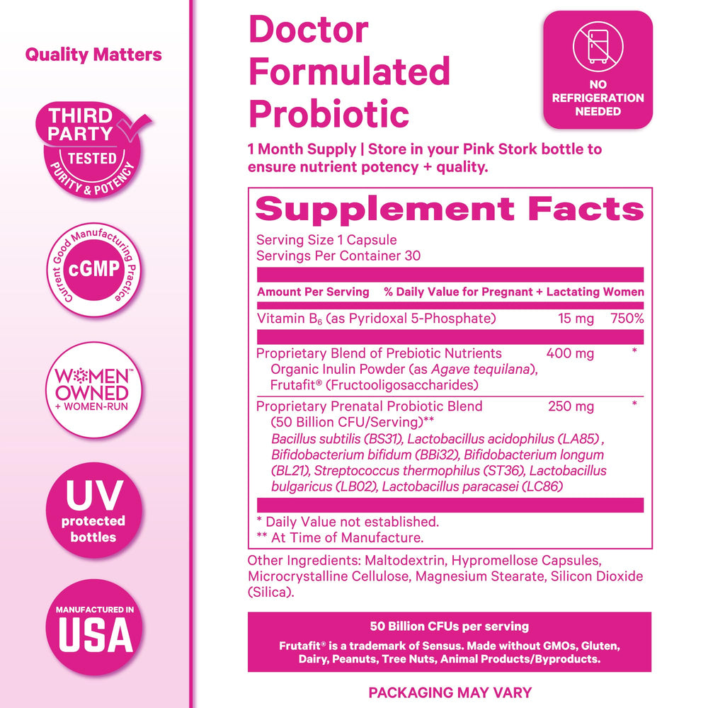 Pink Stork Prenatal Probiotic third-party tested label implies quality assurance.