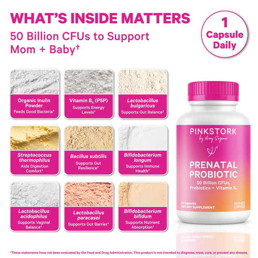 Pink Stork Prenatal Probiotic strains graphic emphasizes gut balance during pregnancy.