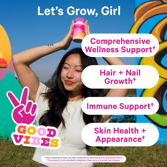 Pink Stork Teens gummy bottle showing hair, skin, nails support benefits.