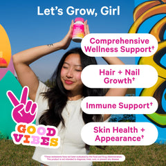 Pink Stork Teens gummy bottle showing hair, skin, nails support benefits.