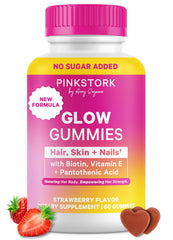 Pink Stork Total Glow Gummies bottle being poured for daily beauty support.