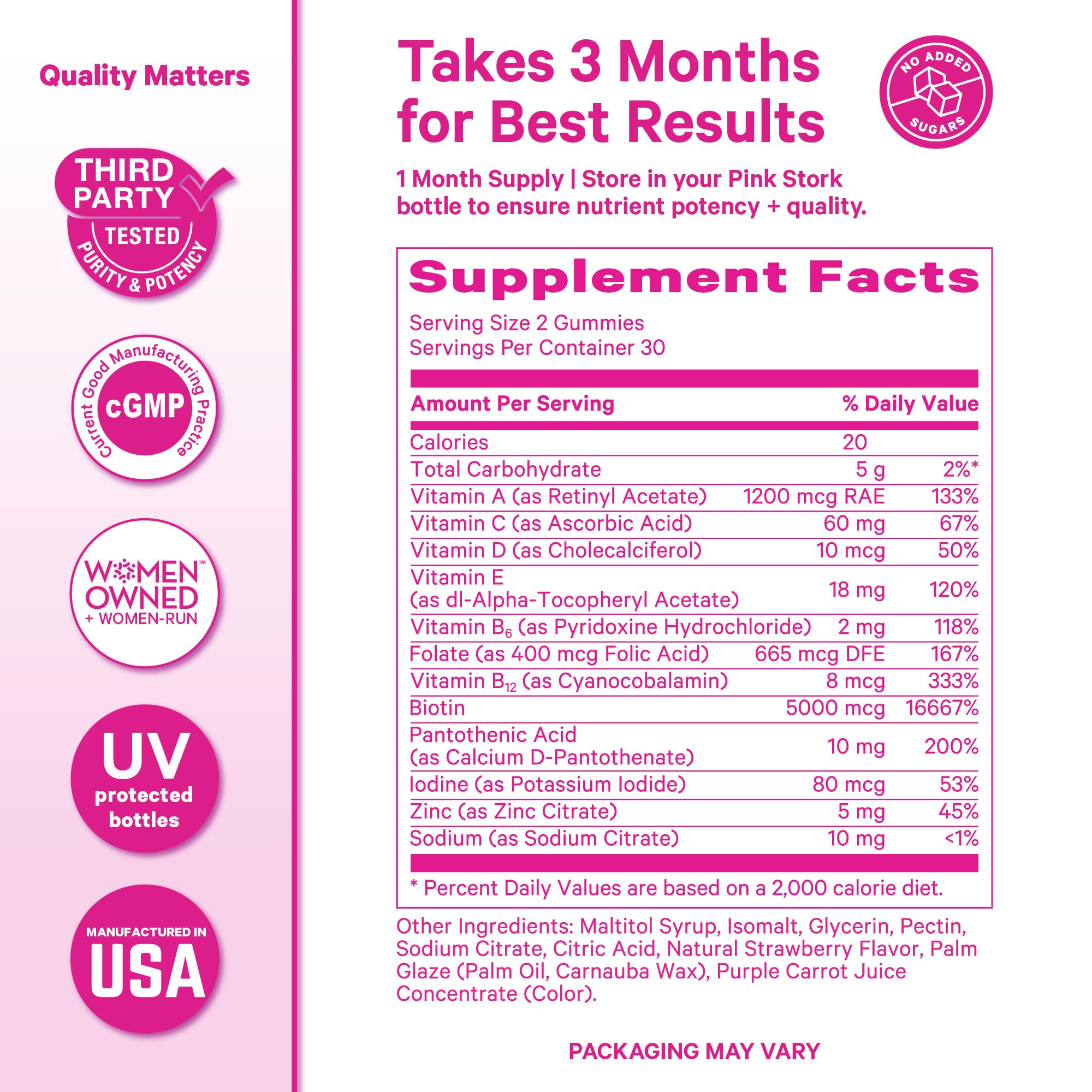 Pink Stork Total Glow vegan formulation shown as plant-based gummies.