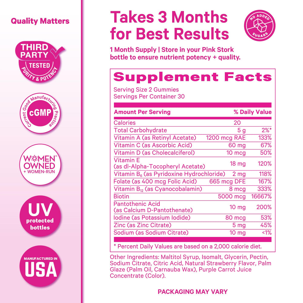 Pink Stork Total Glow vegan formulation shown as plant-based gummies.