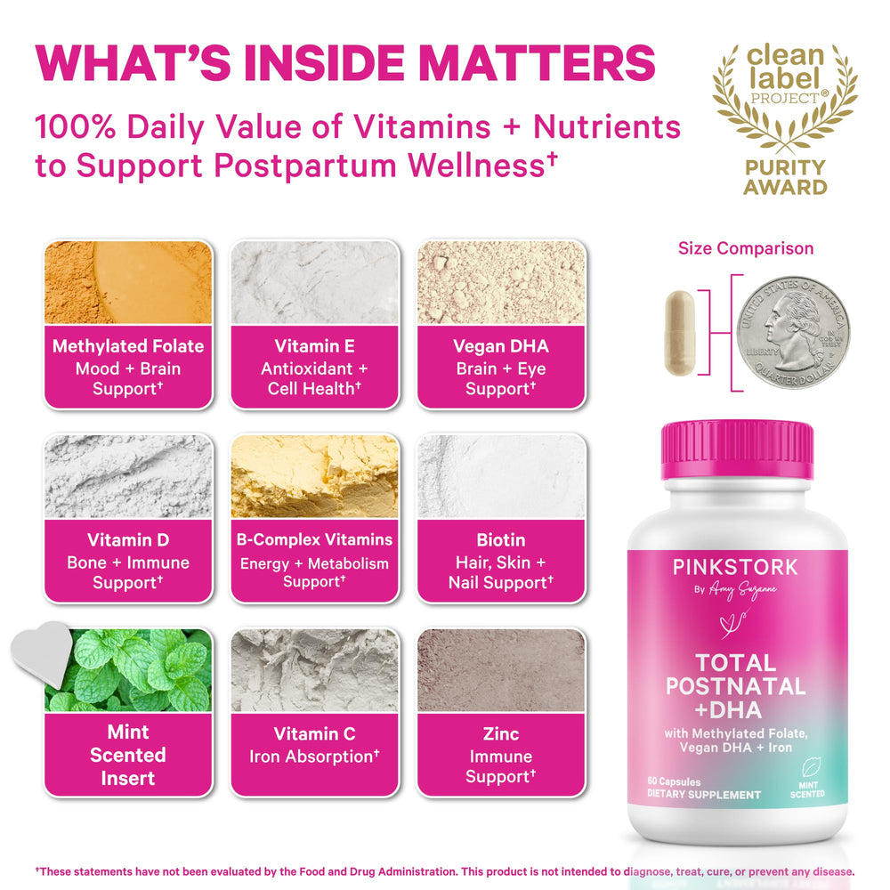 Pink Stork Total Postnatal bottle label close-up showing nutrient-rich postpartum guidance