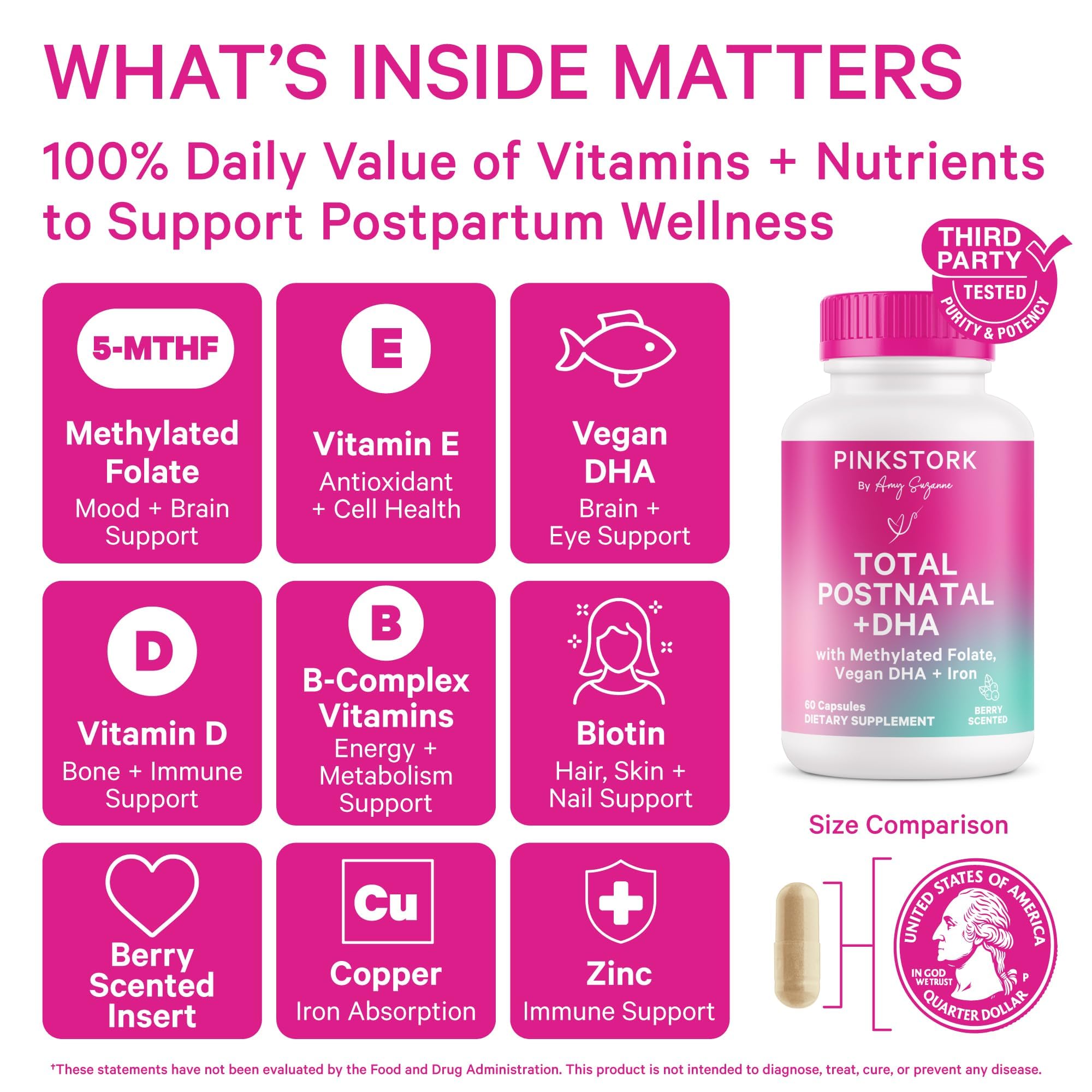Pink Stork Total Postnatal capsules close-up, small and easy to swallow for daily use.