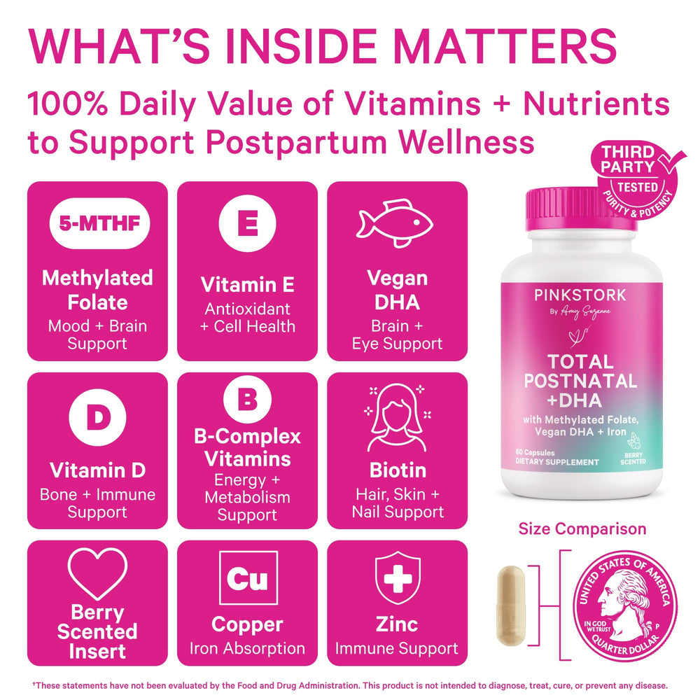 Pink Stork Total Postnatal capsules close-up, small and easy to swallow for daily use.
