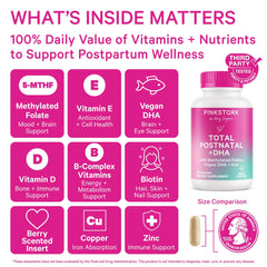 Pink Stork Total Postnatal capsules close-up, small and easy to swallow for daily use.