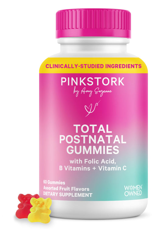  Pink Stork Total Postnatal Gummies bottle front supports gentle postpartum nutrition.