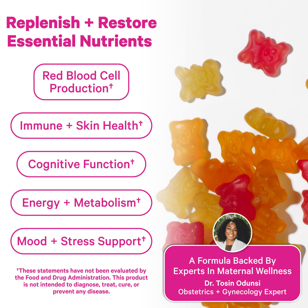 Pink Stork Total Postnatal Gummies bottle pour demonstrates convenient daily intake for busy moms.