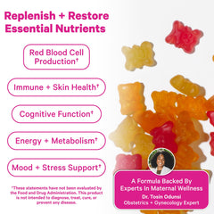 Pink Stork Total Postnatal Gummies bottle pour demonstrates convenient daily intake for busy moms.