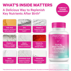 Pink Stork Total Postnatal Gummies closeup of gummy texture for easy daily consumption.