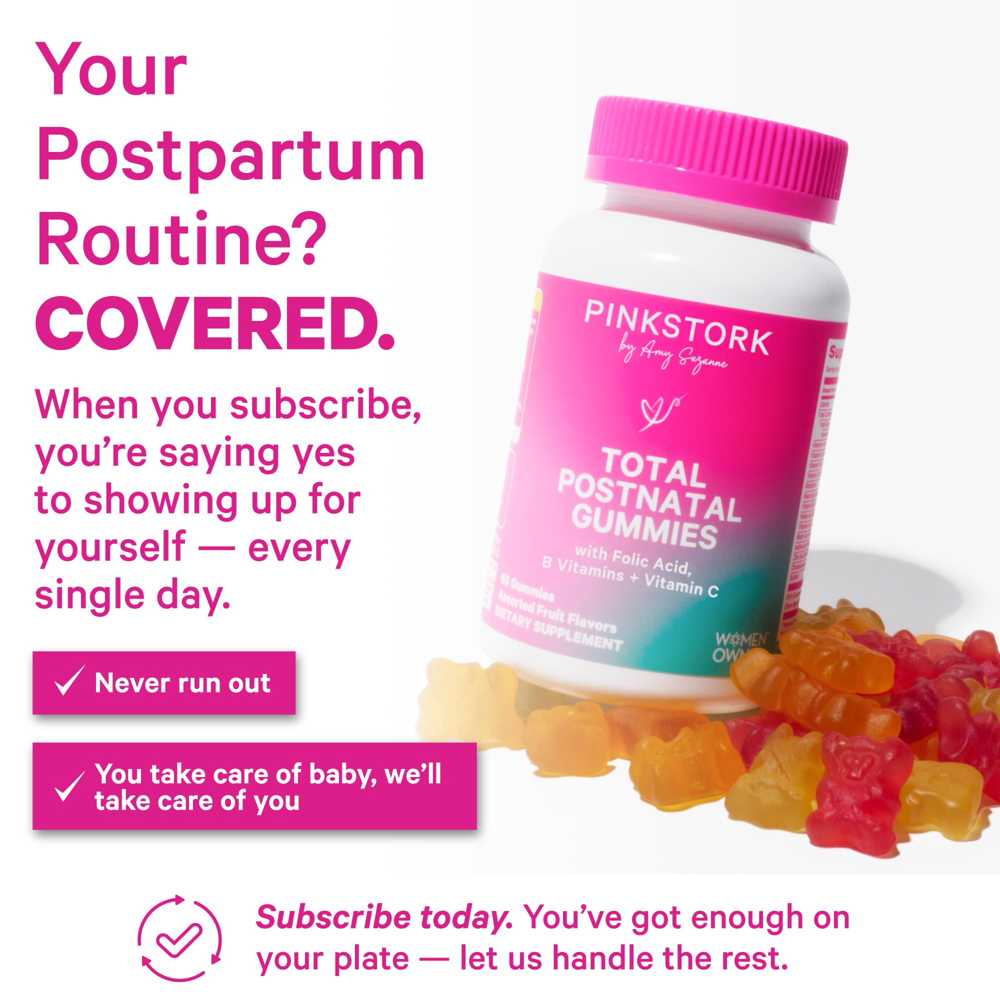 Pink Stork Total Postnatal Gummies label highlights key nutrients for postpartum energy.