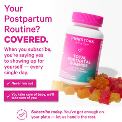 Pink Stork Total Postnatal Gummies label highlights key nutrients for postpartum energy.