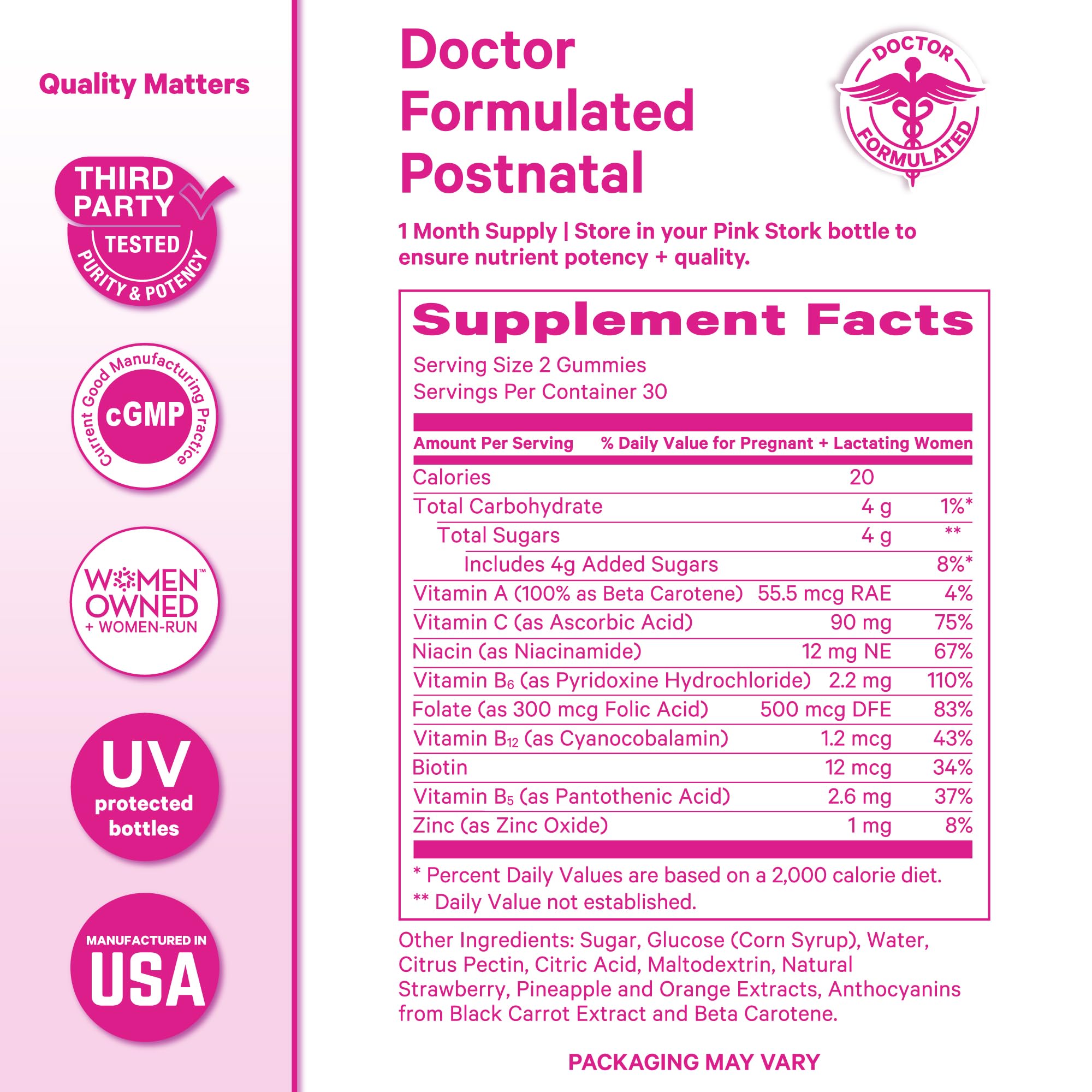 Pink Stork Total Postnatal Gummies packaging shows allergen and quality information for safe use.