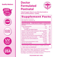 Pink Stork Total Postnatal Gummies packaging shows allergen and quality information for safe use.